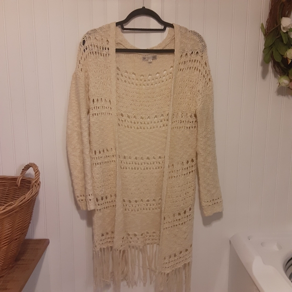 De collection size S loose knit open front long cardigan drop shoulder fringe - Picture 4 of 11